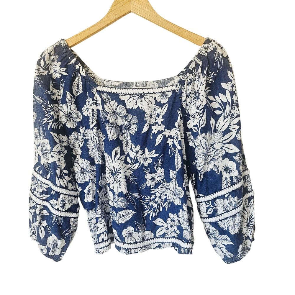 C&C California 100% Linen Navy Blue White Bohemian Beachy Top, Size M